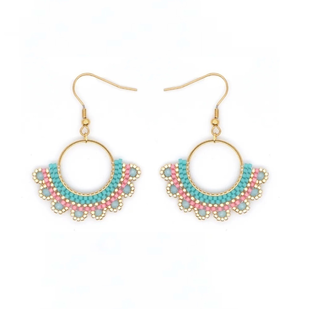 Teal & Pink Beaded Boho Circular Drop Earrings - Picture 1 of 1